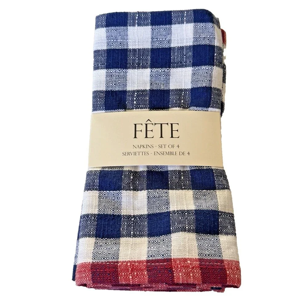 Fete Fabric Napkins Red White Blue Americana Patriotic Plaid 18x18